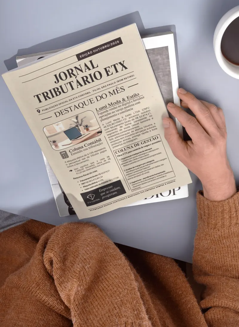 Exemplar impresso do Jornal Tributário ETX sobre uma mesa